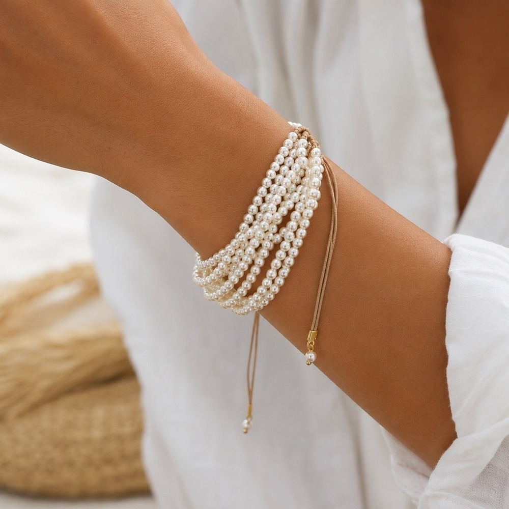 NWOT Multi‎ Strand Faux Pearl Adjustable Bracelet Layered Boho Jewelry